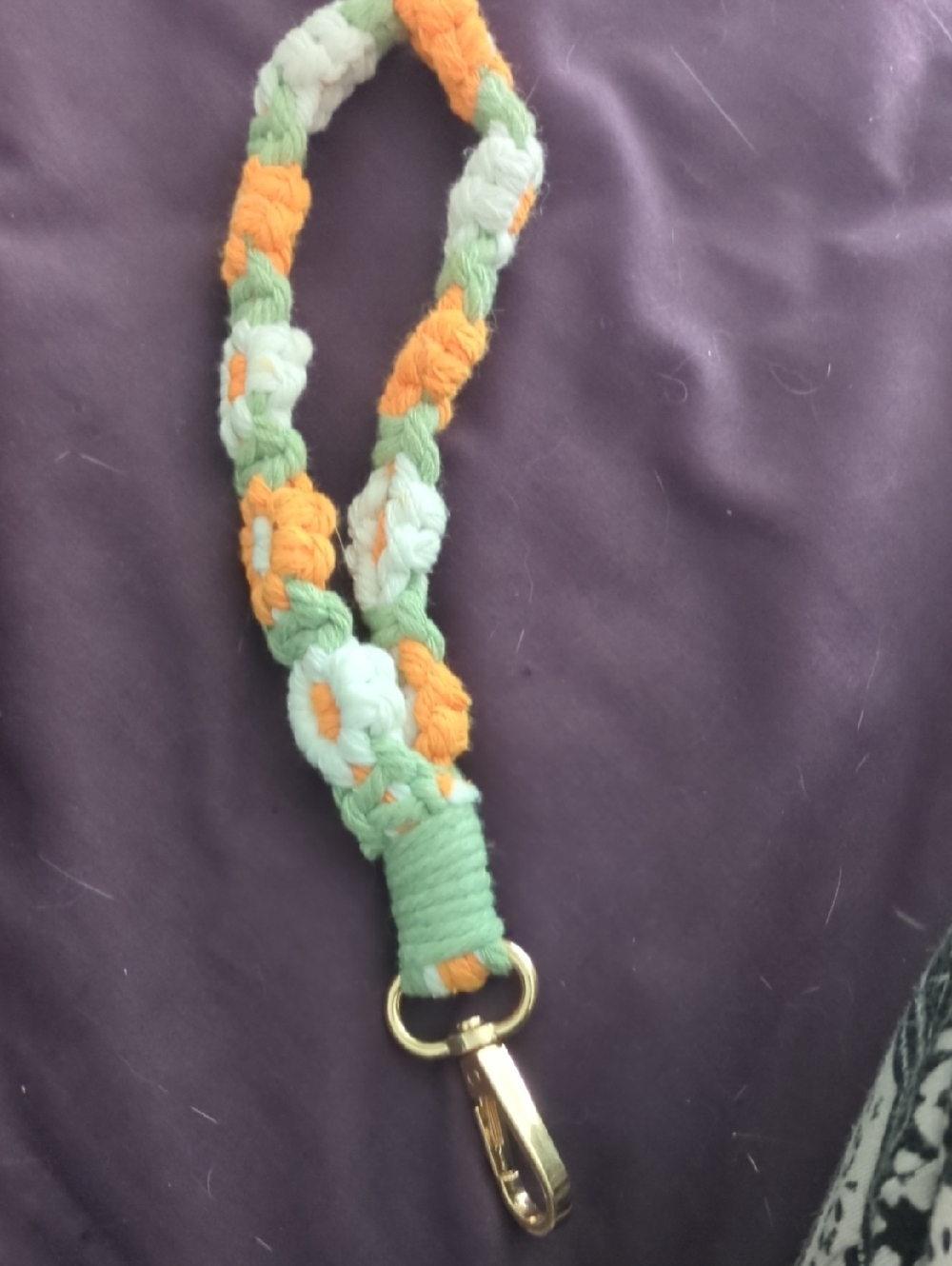 Handmade Braided Lanyard Keychain - Green, Orange & White